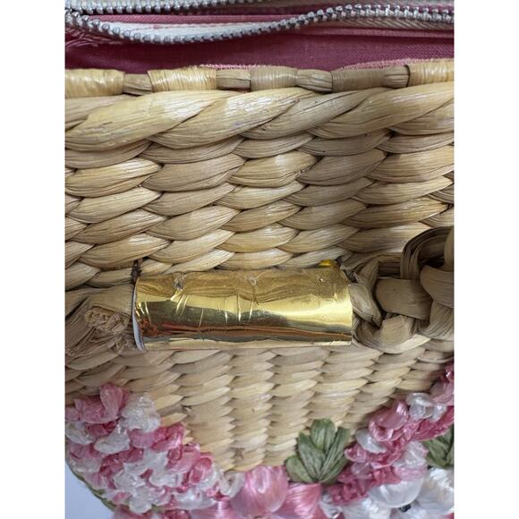 Mantessa Woven Straw Raffia Flower Tote Bag Pink White Boho Cottagecore - Picture 6 of 13